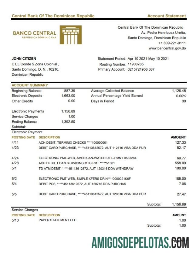 Modelo de extrato bancário do Banco Central da República Dominicana em branco em formato Excel e PDF